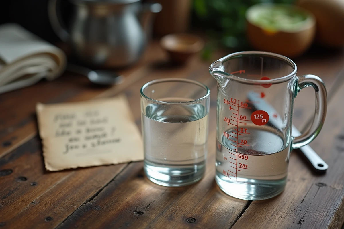 Verre et pichet doseur affichant 125 ml correspondant à 12,5 cl sur une table en bois avec notes manuscrites
