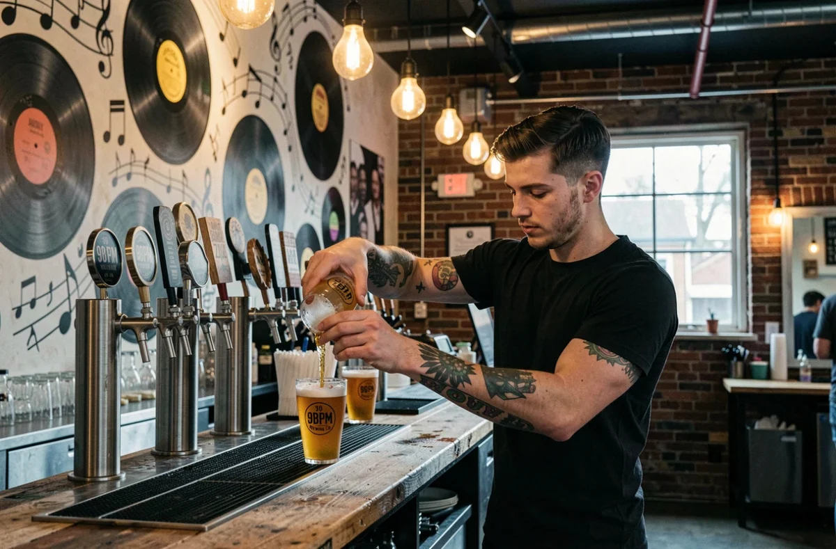 Barman tatoué versant une IPA à la pression au taproom de 90 BPM Brewing Co. à Ahuy, dans un décor mural inspiré de la musique et du vinyle