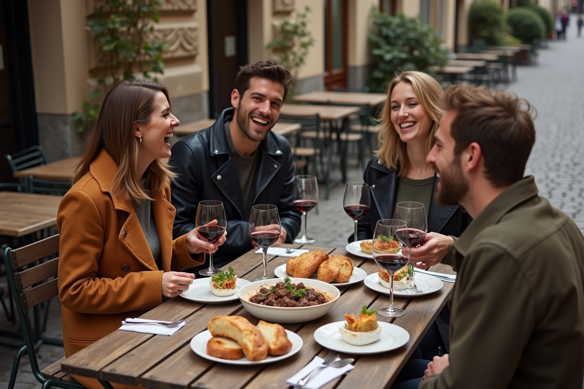 Groupe d amis dégustant un bœuf bourguignon en extérieur