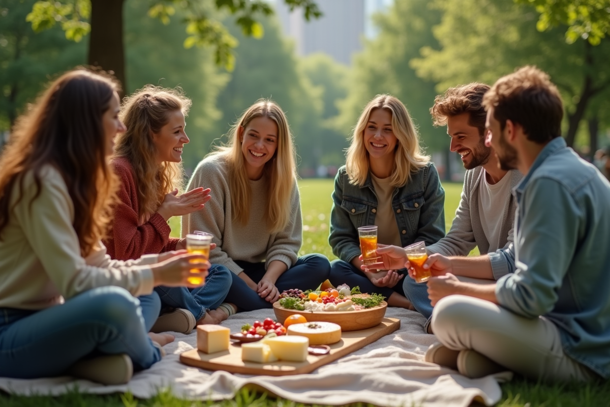 Groupe d amis partageant un plateau de fromages végétariens en parc
