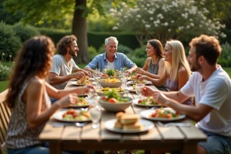 Groupe d'amis autour d'une table d'été en jardin