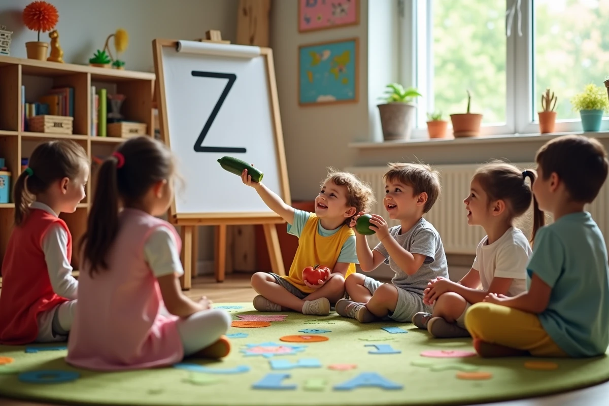 Enfants en classe maternelle autour d'un tapis alphabet