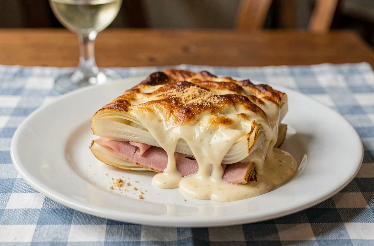 Assiette servie d'endives au jambon béchamel gratinées avec sauce crémeuse et noix de muscade râpée, style bistrot français