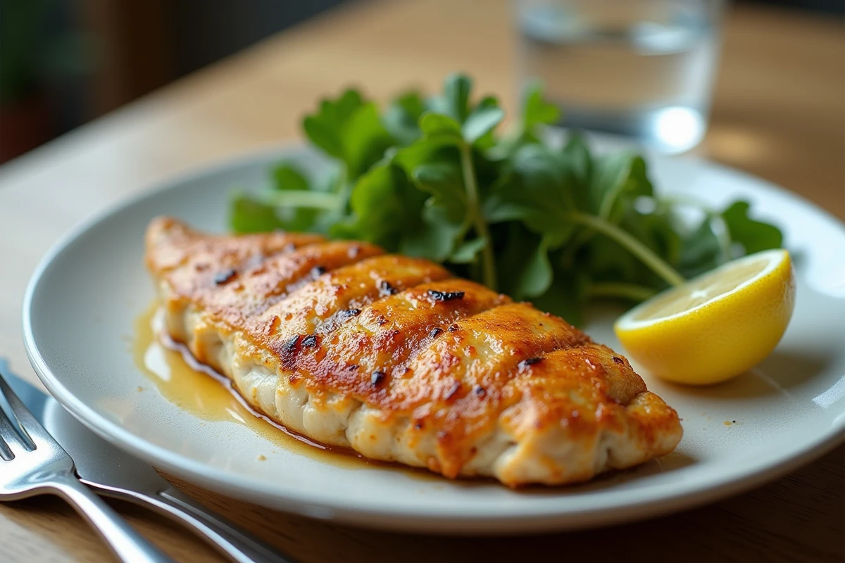Assiette d'escalope de poulet au citron marinée et cuite au four servie avec salade verte sur table en bois clair