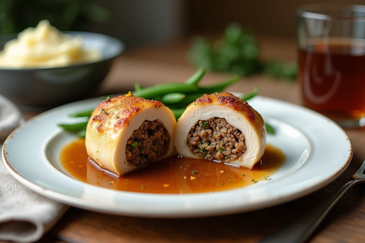 Assiette de paupiettes de porc fondantes tranchées avec sauce et accompagnements maison
