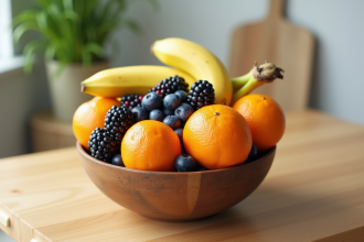 Assortiment de fruits frais dans un bol sur une table en bois