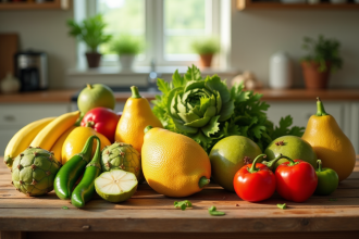 Assortiment de fruits et légumes J sur table rustique