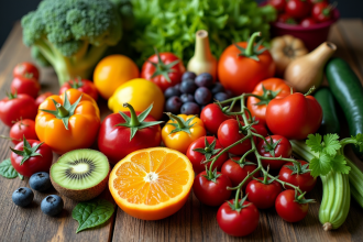 Assortiment de fruits et légumes frais sur une table en bois