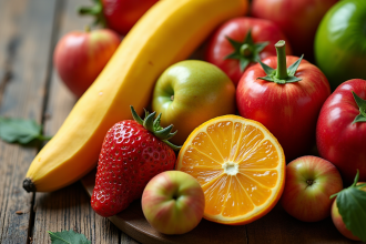 Assortiment de fruits en forme de L sur table en bois