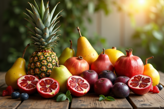 Assortiment de fruits P sur table ensoleillée