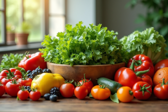 Assortiment de fruits et légumes frais sur une table en bois