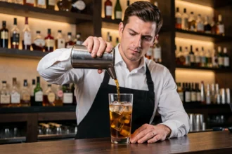 Barman versant 40 cl de cocktail avec un jigger doseur en inox au bar, précision professionnelle dans le dosage des alcools