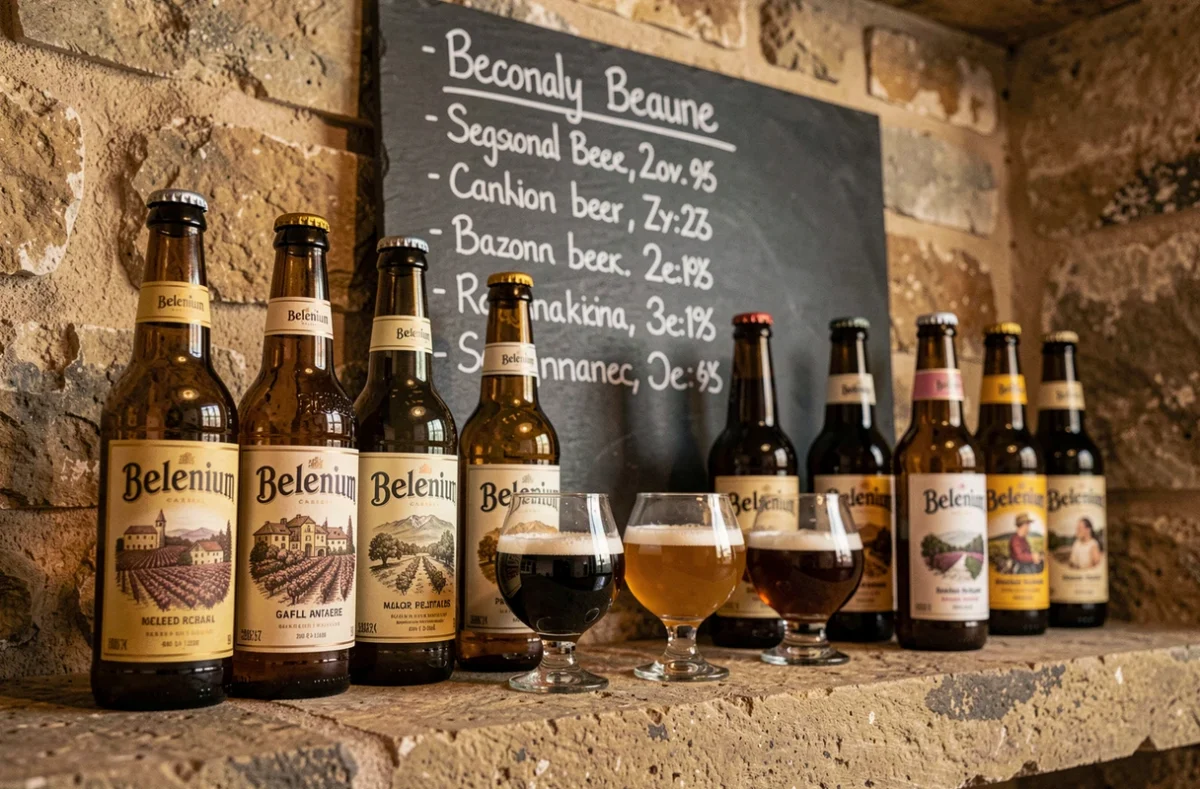 Bouteilles et verres de bières artisanales Belenium disposés sur une étagère en pierre d'une cave à Beaune, avec un tableau ardoise listant les bières saisonnières