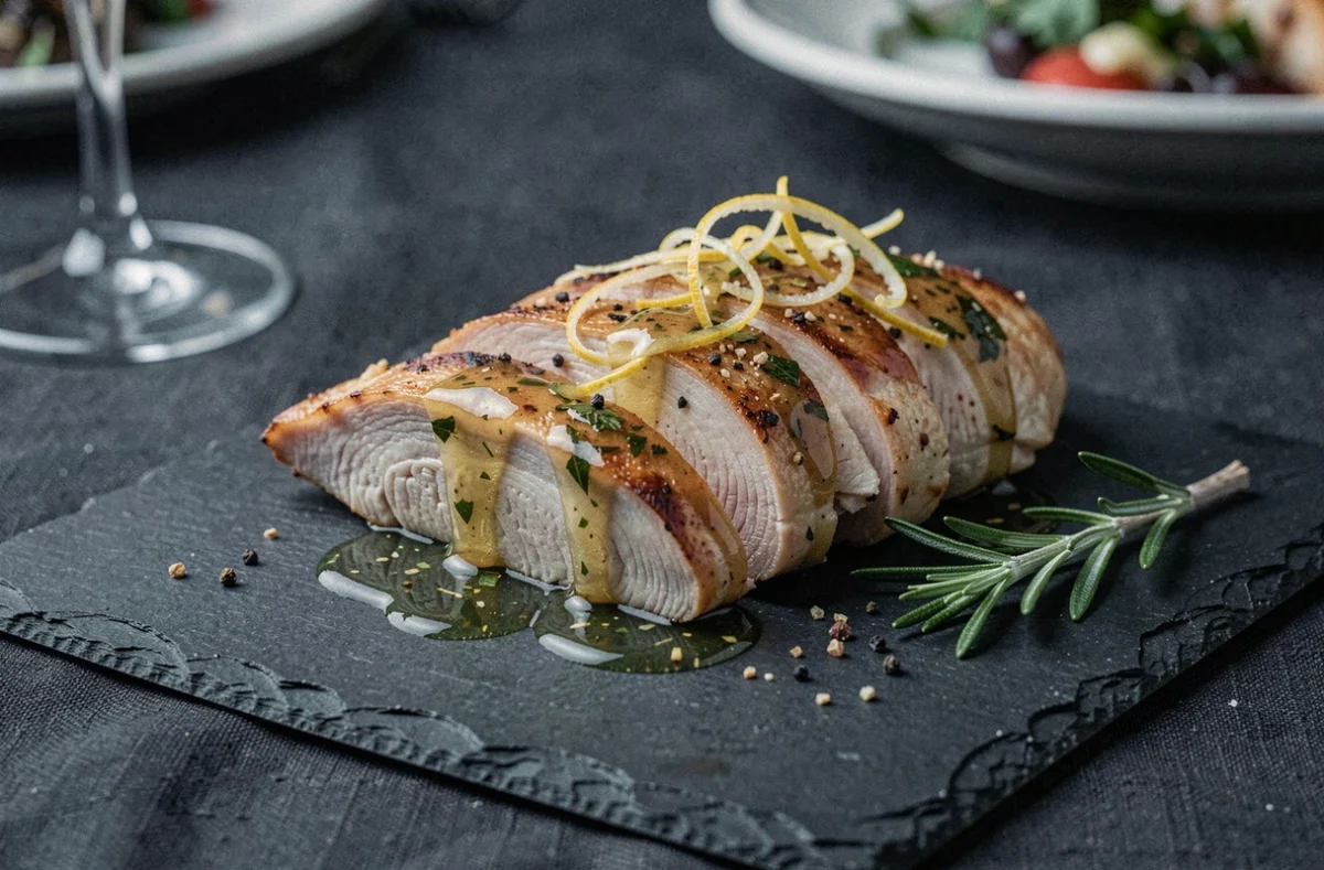 Blanc de poulet rôti tranché avec sauce au citron et herbes fraîches sur ardoise noire dans un bistro