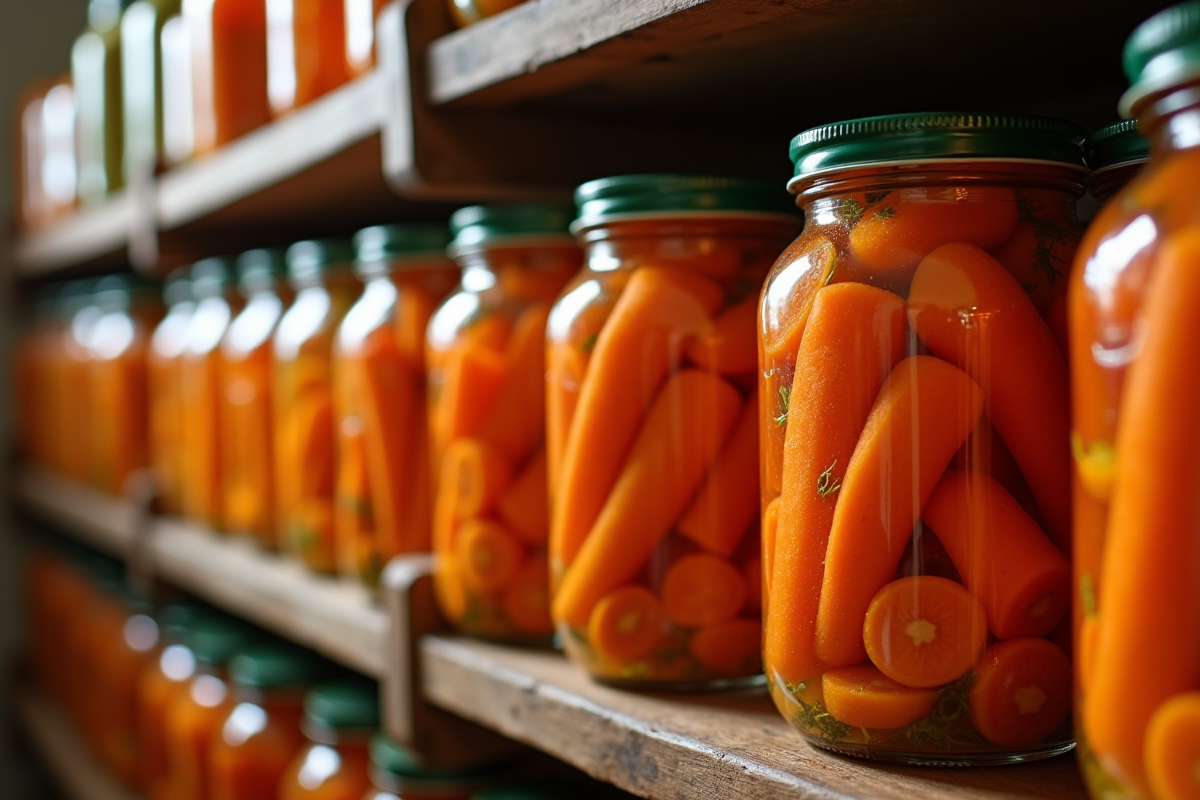 Bocaux de carottes en conserve dans une cuisine rustique