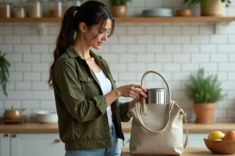 Femme rangeant une boîte repas isotherme dans un sac en cuisine moderne