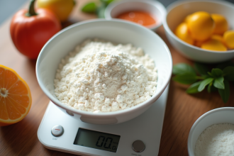 Bol de farine sur balance digitale pour cuisine
