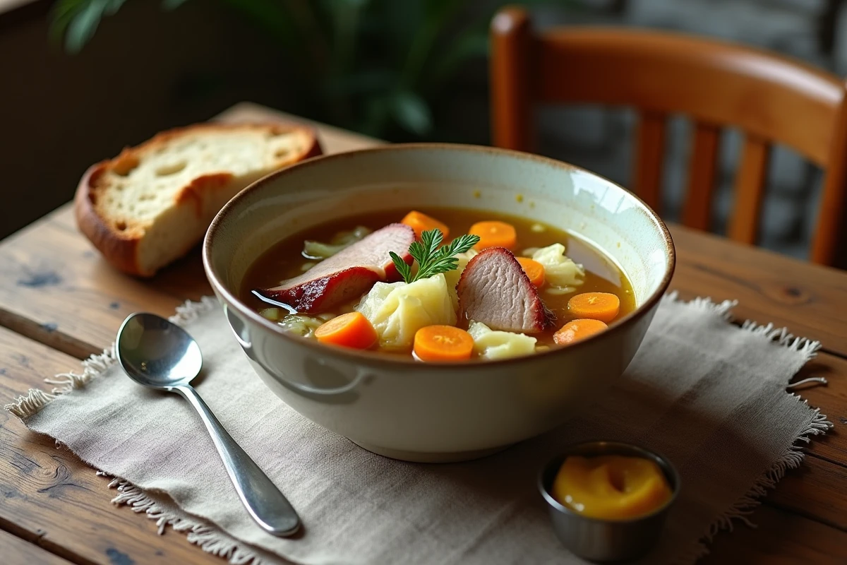 Bol de potée servie avec pain de campagne et moutarde de Dijon sur une table en bois rustique