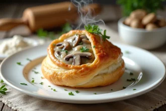 Bouchée à la reine crémeuse au vin blanc et champignons servie sur une assiette en porcelaine blanche avec persil frais
