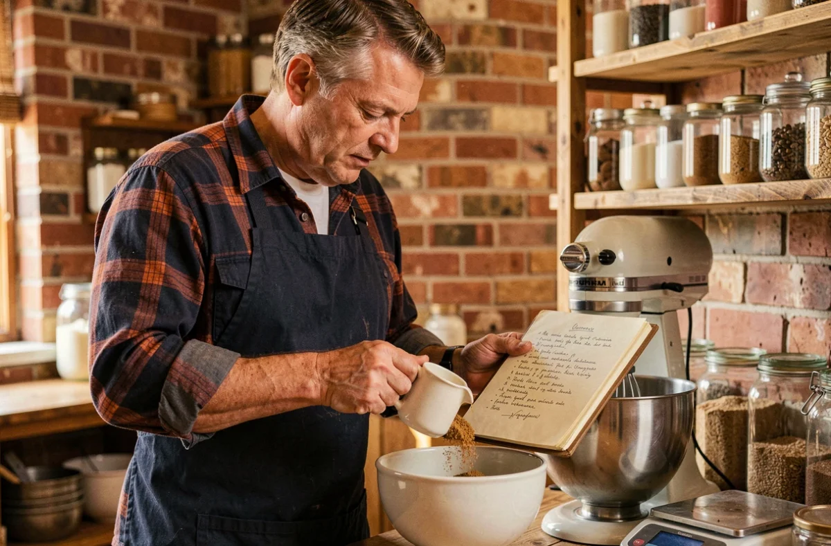 Homme en tablier de boulanger versant du sucre depuis une cup américaine dans un bol avec une balance numérique dans une cuisine rustique