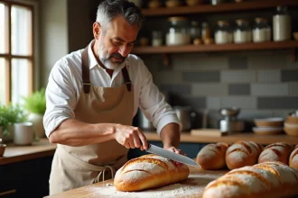 Boulanger en train de trancher un pain rustique dans une boulangerie