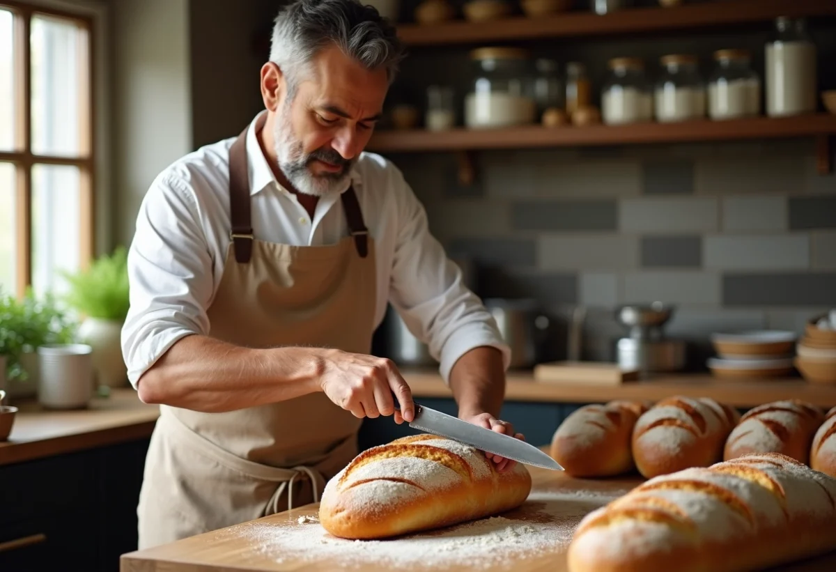 Boulanger en train de trancher un pain rustique dans une boulangerie