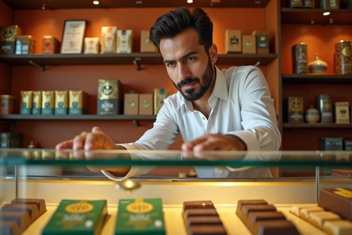 Boutique spécialisée vendant des chocolats Dubaï en emballages premium avec étiquettes de prix élevés et vendeur professionnel