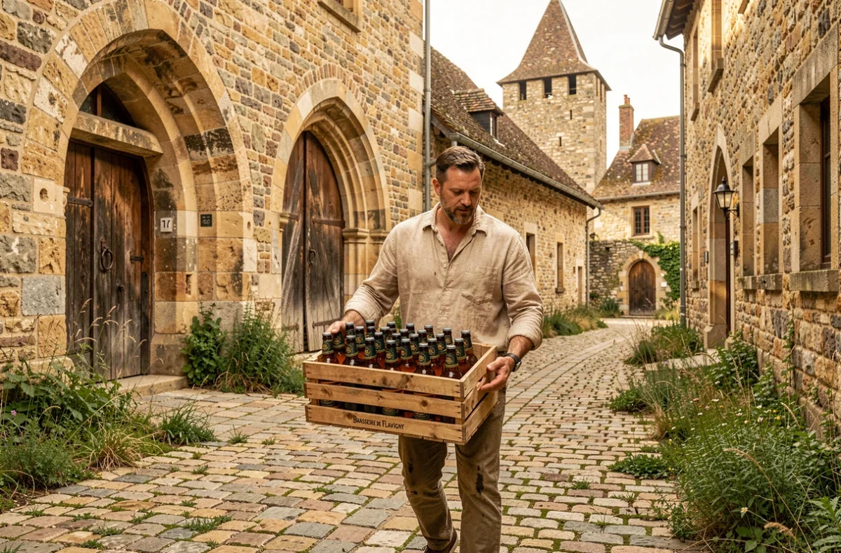 Brasseur portant une caisse de bières ambrées dans la cour pavée médiévale de la Brasserie de Flavigny à Flavigny-sur-Ozerain