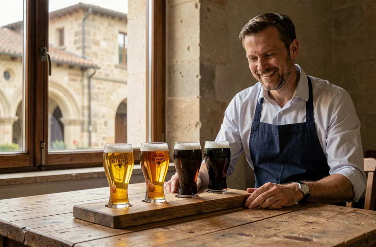 Plateau de dégustation de bières artisanales de la Brasserie de France à Beaune, présenté par un brasseur en tablier devant une fenêtre donnant sur l'architecture historique de Beaune