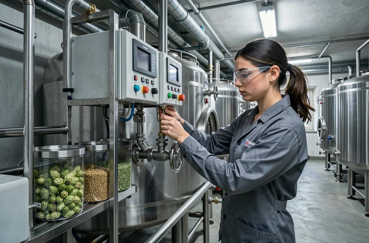 Brasseuse ajustant les vannes d'une cuve de brassage en inox moderne à la Brasserie Elixkir de Quetigny, dans un environnement industriel contemporain