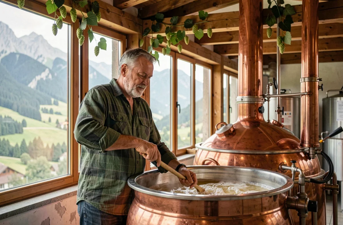 Brasseur barbu remuant une cuve en cuivre à la microbrasserie La Bonne Bouille à Pontarlier, avec le paysage montagneux du Jura en arrière-plan