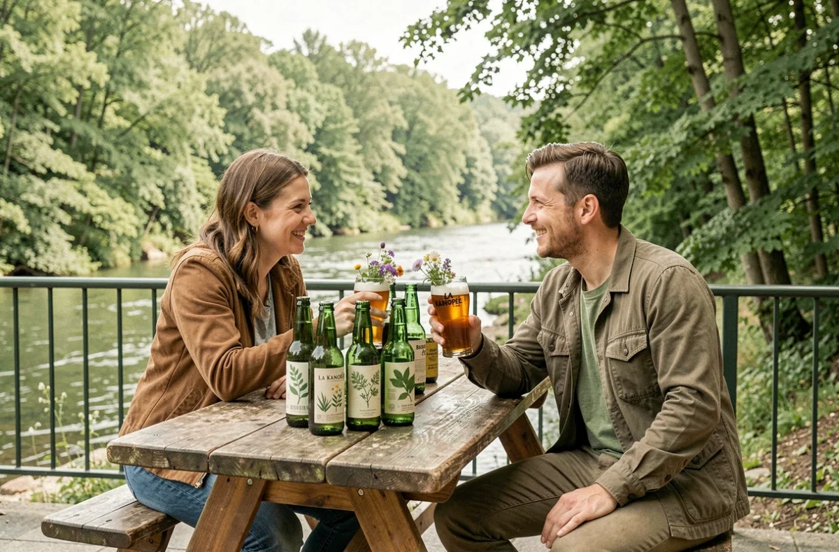 Couple trinquant avec des bières botaniques de La Kanopée sur une terrasse en bois bordant la rivière Ouche à Sainte-Marie-sur-Ouche, entourée de forêt
