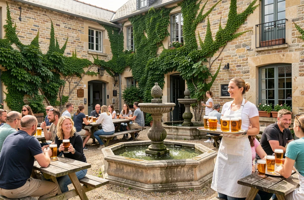Cour extérieure de la Brasserie des Trois Fontaines à Bretenière avec ses fontaines en pierre, des visiteurs attablés dégustant des bières artisanales dorées