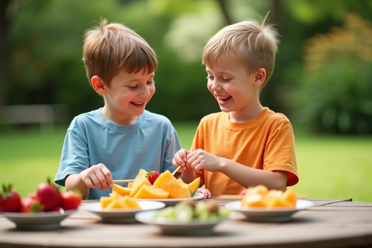 Deux enfants assemblant des brochettes de melon et de fruits sur une table de pique-nique en bois
