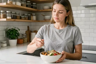Femme préparant un Buddha bowl coloré et équilibré dans une cuisine moderne sans effort de cuisson