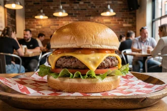 Burger Shake Shack classique avec fromage fondu et sauce spéciale, posé sur un plateau en bois dans un restaurant new-yorkais animé