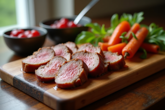 Tranches de magret de canard sur planche en bois rustique