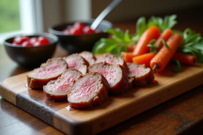 Tranches de magret de canard sur planche en bois rustique