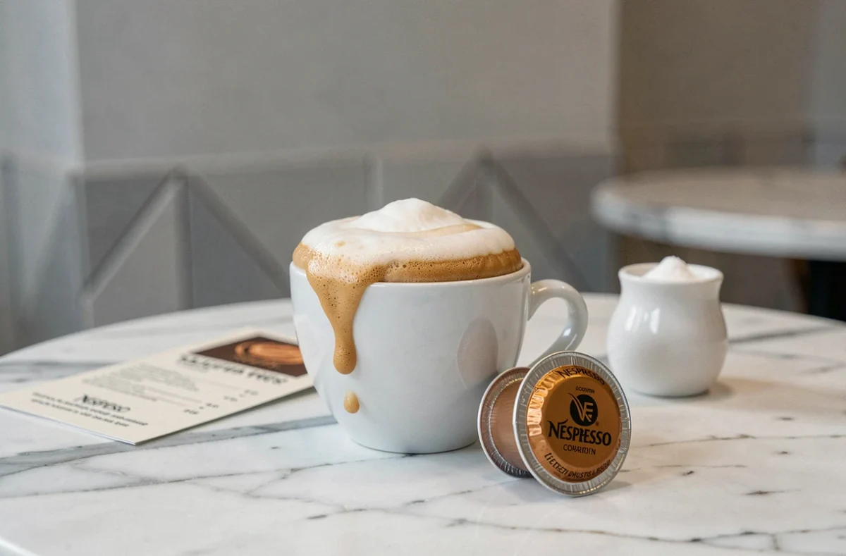 Cappuccino avec mousse épaisse et capsules compatibles Nespresso sur une table en marbre dans un café moderne