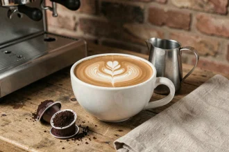 Tasse de latte avec art latte en rosette et capsules compatibles Nespresso sur un comptoir en bois rustique