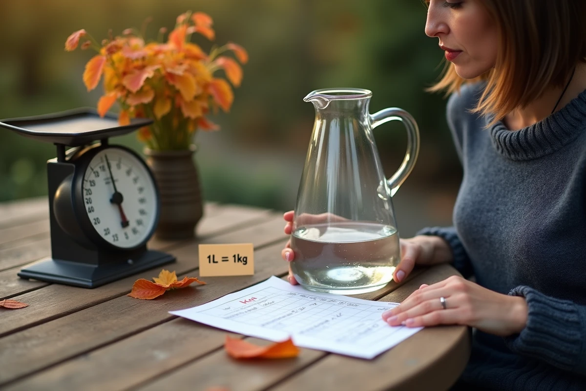 Carafe d'un litre d'eau et balance vintage sur une table en bois rustique en terrasse, avec une femme consultant un tableau de conversion litres en kilogrammes