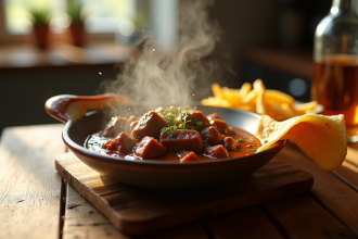 Bol de carbonade belge avec frites sur table en bois