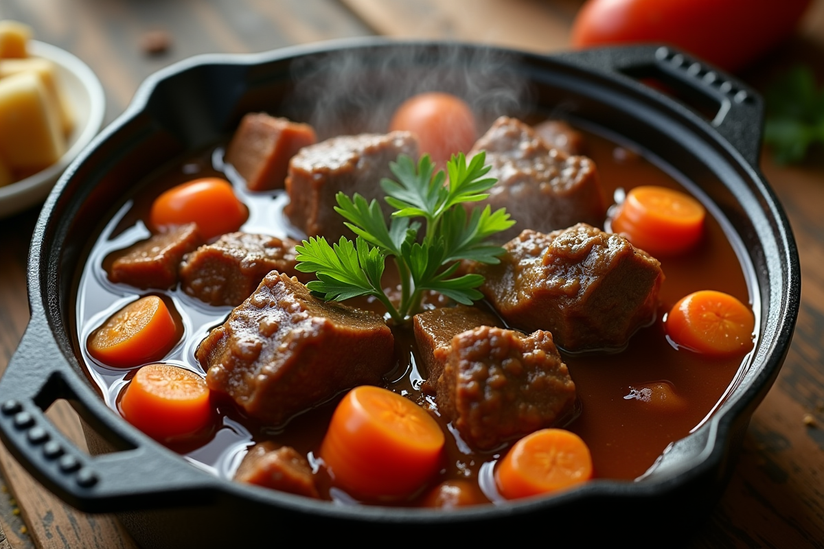 Gros plan sur une cocotte de carbonade en train de mijoter