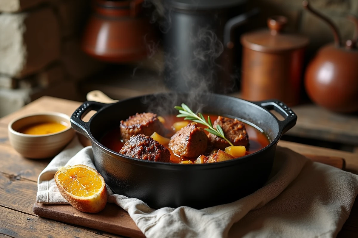 Carbonnade flamande ch'ti mijotée dans une cocotte en fonte sur une table en bois rustique, avec des morceaux de bœuf braisés à la bière ambrée et des oignons caramélisés