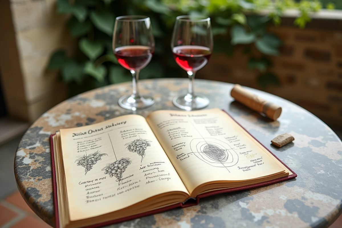 Carnet de dégustation ouvert avec notes manuscrites comparant cabernet sauvignon et sauvignon franc, sur une table de terrasse en marbre avec deux verres de vin