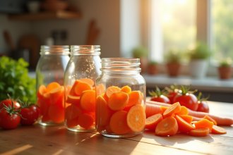 Carottes fraîches tranchées dans des bocaux sur une table en bois