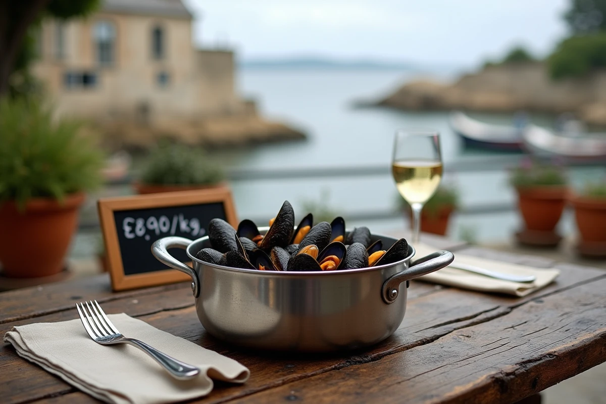 Casserole de moules de bouchot cuites servies sur une terrasse de restaurant en bord de mer avec affichage du prix au kilo