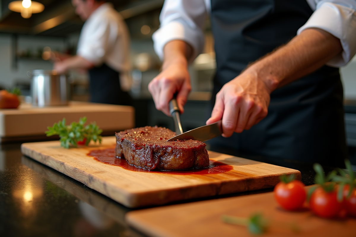 Chef découpant une côte de bœuf dans une cuisine professionnelle