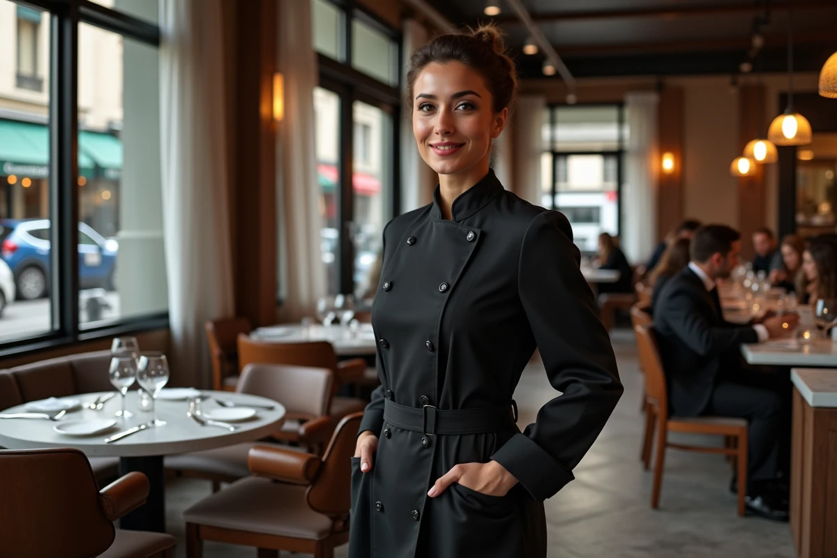 Jeune chef femme accueillant clients dans restaurant parisien