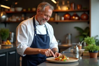 Chef français souriant en cuisine avec plat signature
